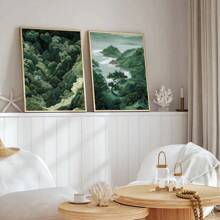 Conjunto de 2 pôsteres de parede de arte japonesa Zen Green Forest Mountain sem moldura, impressão em tela, minimalista, Japandi Wabi Sabi, pintura de paisagem abstrata para apartamento, sala de estar, quarto, decoração de casa moderna