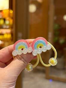 2个/套青少年发圈，可爱独角兽、冰淇淋、彩虹、云朵、蘑菇图案发绳，适合小女孩 - 彩色 - 查看 7