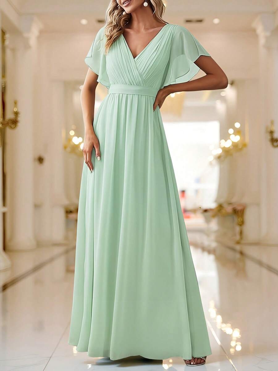 Elegantes Kleid mit V-Ausschnitt, Volantärmeln und Chiffon, mit Trompetenärmeln - Hellgrün, geeignet für Erwachsene festliche Anlässe, formelles Partykleid mit Chiffon-Volantärmeln