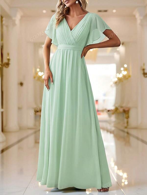 Vestido de gasa con escote en V, mangas con volantes y detalles de mangas acampanadas - verde claro, adecuado para ocasiones formales de adultos, vestido de gasa con mangas con volantes para fiestas formales