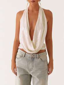 Women Sparkle Sequin Deep V-Neck Halter Tank Tops Solid Color Shiny Sequined Slim Fit Back Tie Up Tops Solid Color Sleevless Backless Disco Glitter Blouse Y2K Retro Streetwear - White - View 1