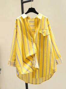 Women's Striped Color Block Button Asymmetric Hem Long Sleeve Shirt Blouse - Day To Night Versatile Top,Fall Clothes For Women - Yellow - View 1