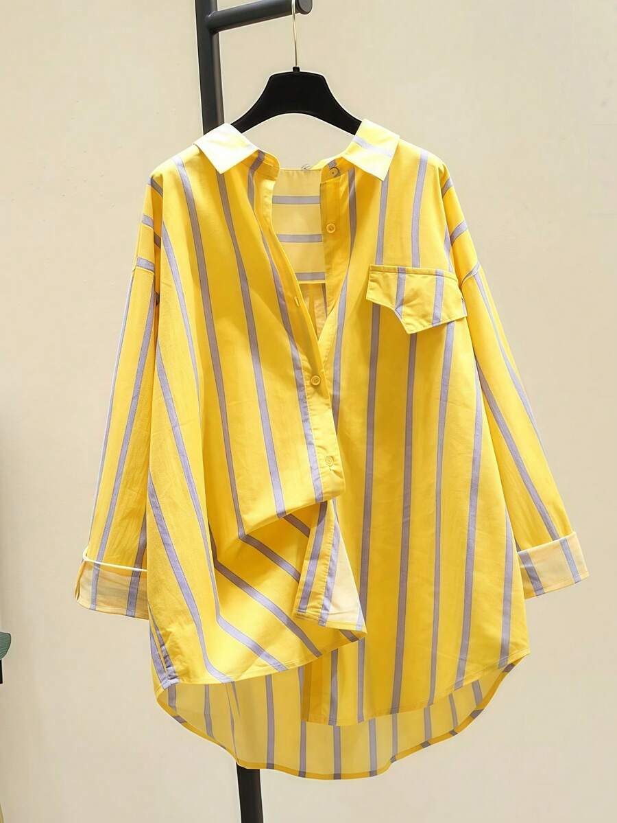 Women's Striped Color Block Button Asymmetric Hem Long Sleeve Shirt Blouse - Day To Night Versatile Top,Fall Clothes For Women - Yellow - View 1