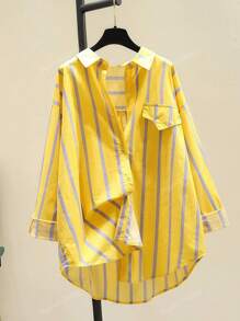 Women's Striped Color Block Button Asymmetric Hem Long Sleeve Shirt Blouse - Day To Night Versatile Top