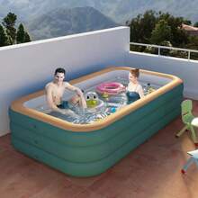 1pc Thick PVC Extra Large Inflatable Household Outdoor Swimming Pool, Summer Backyard Big Size Water Park Paddling Pool, Portable Foldable Large Adult Orange & Green Swimming Pool - Orange Green - View 5