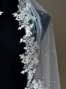 1 Piece Lace Trim Faux Pearl Short Bridal Veil, Suitable For Gifts, Women's Wedding, Registration, Party, Wedding Dress Accessories, Valentine's Day Hair Ornament With Hair Comb