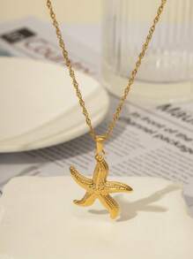 1 conjunto de 3 peças de colar e brincos da moda, corrente de aço inoxidável com pingente de estrela do mar, adequado para presente de joia diário feminino
