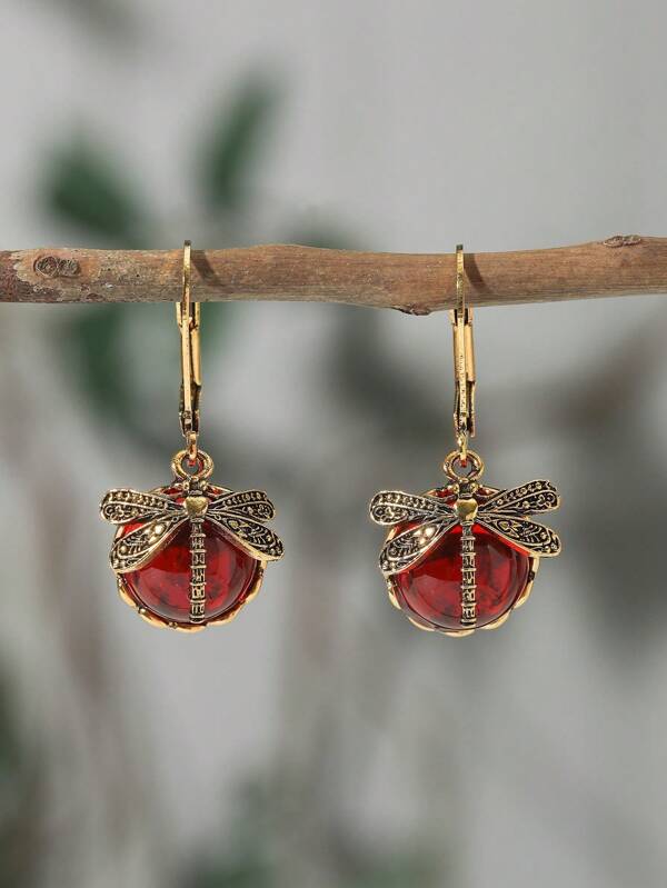 1 Pair Retro Dragonfly & Moonstone Pendant Earrings, Versatile Daily Wear Jewelry Gift For Women