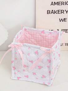 1 Cute Pink And Blue Three-Dimensional Bow Lace Storage Basket, Desktop Sundries Storage Basket, Lipstick Makeup Brush Skin Care Storage Basket, Desktop Decoration, Cosmetics Organizer, Portable Picnic Basket, Valentine's Day Gift, Bathroom Storage