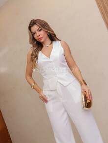 SJD MODA LADY Luis Twil Social Chic Set Vest With Fake Pocket And Pants - trắng - Xem 2