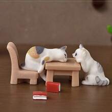 1:12 Dollhouse Furniture Model Miniature Creative Micro Landscape Cartoon Cute Simulation Small Cat Animal Figurine Decor Accessories Tabletop Ornament DIY Miniature Kit Birthday Gift, Dollhouse Decoration Accessories, Mini Resin Cat, Table, Chair - Multicolor - View 3