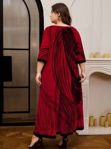 DEARCASE Đầm dáng rộng, cổ tròn, tay lửng 3/4, họa tiết kẻ sọc, viền tương phản, dáng thanh lịch cho mùa hè dành cho nữ. - Màu Đỏ Sâu - Xem 2
