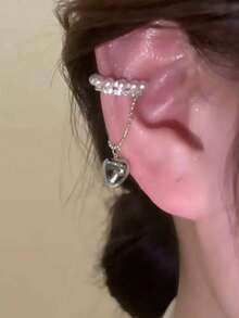 1 Piece Simple Copper Heart Faux Pearl Crystal Single Ear Clip, Elegant Everyday Wear For Women - Silver - View 3