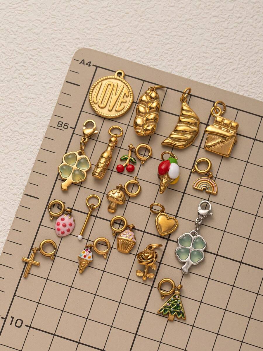 1pc Stainless Steel Cute Cartoon Cherry Cake Ice Cream Strawberry Cake Clover Pendant, Suitable For DIY Creative Necklaces, Bracelets, Earrings, Bag Chains, Keychains, Plated With 18K Gold, Waterproof And Sweat Proof, Suitable For Daily Use, Is A Creative Pendant For Wives, Mothers And Girlfriends - Multicolor - View 1