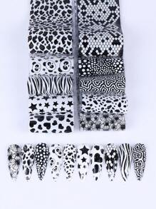 10 feuilles de feuilles de transfert d'art nail rétro noir avec des étoiles, des cœurs, des lignes et des vagues. Feuilles d'art pour ongles avec motifs étoilés, à carreaux et ondulés. Stickers de transfert pour la décoration d'ongles. Fournitures DIY