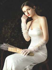 1pair Girls' Party/Routine Wear Sheer Plain Full Finger Gloves Autumn Accessories - Beige - View 3