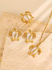 Set de 3 piezas con colgante, pendientes y anillo con estampado de tortuga marina, en estilo de playa, accesorios de moda para mujer, apropiado para la playa, vacaciones, fiesta y uso diario