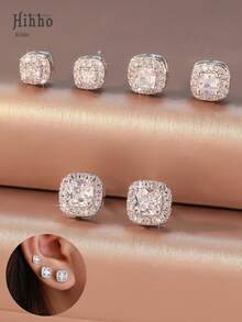 Hihho 6 件套浪漫方形立方氧化锆耳钉，适合女性婚礼、订婚、周年纪念、派对、珠宝礼物 - 銀色 - 查看 1
