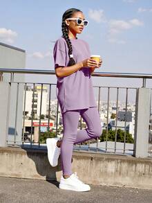 Girls' Summer Outfit, Mist Pink Sports Set, Casual Minimalist Style, Breathable Quick-Dry Tight Pants 2 Pieces Set