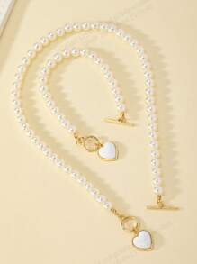 1 set de accesorios de perlas, juego de collar y pulsera con colgante en forma de corazón, elegante para ir al trabajo/citas, que realza el encanto de la mujer