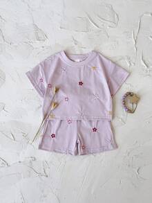 Bộ 2 áo thun ngắn tay thêu hoa và quần short thường ngày cho bé gái, mùa hè - Hồng - Xem 7