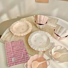 4 件套蝴蝶结设计陶瓷碗 - 包含 2 个碗和勺子，可用洗碗机清洗，适用于谷物、汤、沙拉、早餐、酸奶、甜点和冰淇淋 - 粉色，学校用品 - 彩色 - 查看 9