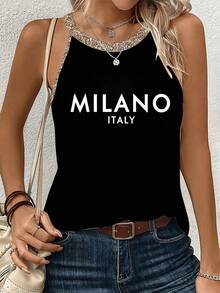 "MILANO ITALY" - Themed Graphic Women's Casual Printed Summer Tank Top - Black - View 1