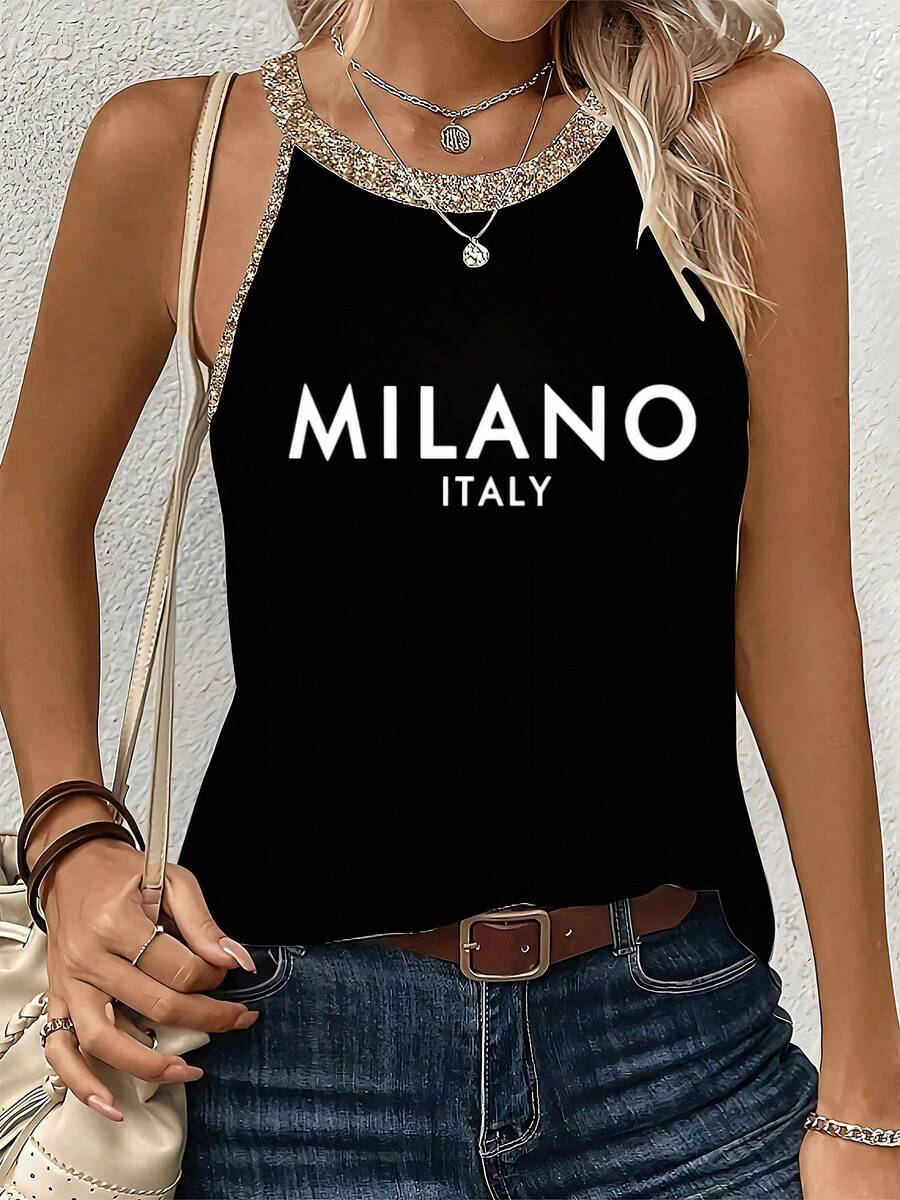 "MILANO ITALY" - Themed Graphic Women's Casual Printed Summer Tank Top - màu đen - Xem 1
