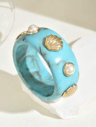 1 件波西米亚风格贝壳和人造珍珠渐变树脂手镯套装，多种尺寸，适合女性日常佩戴、度假佩戴、休闲聚会佩戴、派对佩戴