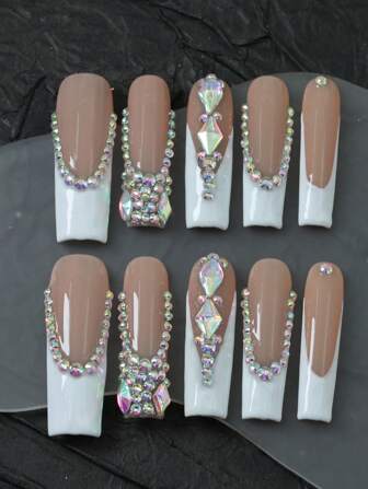 10pcs Handmade Press On Nail Fake Nails, White Nails, Rhinestones, Stickers,DIY,Nail Supplies, Fake Nails, French Style, Extra Long Ballerina ,Flower Style Full Coverage Fake Nails, Hot Girl Style, Upgrade Your Look, Suitable For Parties/Music Festivals And Daily Wear, Women/Girls Travel, Party