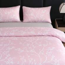 3Pcs Foliage Plant Floral Print Duvet Cover Set (2*Pillowcase, 1*Duvet Cover, No Filling), Pink Bedding, Super Soft And Breathable Polyester Material, Suitable For All Seasons, Zipper Closure, Perfect For Bedrooms, Guest Rooms Or Dormitories.