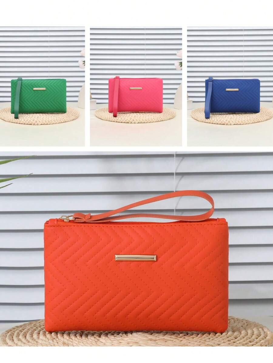 波浪图案女士手拿包钱包，大容量简约拉链零钱包 - 橘色 - 查看 1