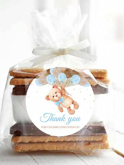 48pcs 2-Inch Blue Teddy Bear Round Label Stickers, PET Material 2"X2" For Boy's Birthday Party Decorations, Thank You Gift Wrapping Stickers,