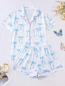 2-Piece Women's Pajamas Set With Short Sleeves, Blue And White Bow Print, Button-Down Collar Cardigan Top, Elastic And Comfortable Shorts, Bow Pattern Comfortable Casual Summer Home Clothes. - Blue and White - View 1