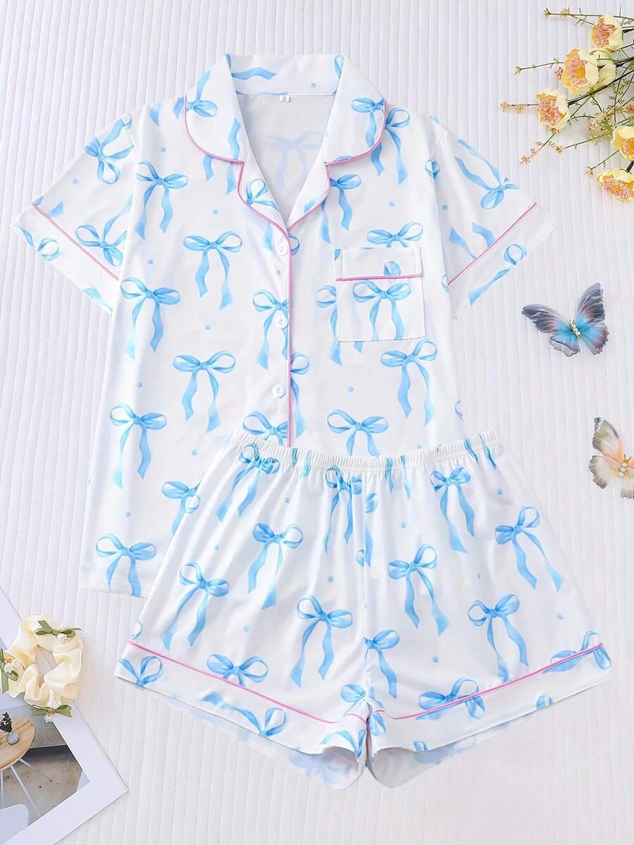 2-Piece Women's Pajamas Set With Short Sleeves, Blue And White Bow Print, Button-Down Collar Cardigan Top, Elastic And Comfortable Shorts, Bow Pattern Comfortable Casual Summer Home Clothes. - Blue and White - View 1