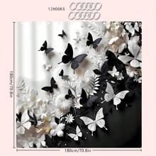 1/2/3/4 Stücke 3D Schwarz & Weiß Schmetterling Blumen Thema Badezimmer Duschvorhang Sets, 12 Haken, Badematte, U-förmiger Toilettendeckel, wasserdichter Duschvorhang, Badezimmerdekoration, moderner Fenstervorhang, ohne Bohren, Polyester, maschinenwaschbar, Herbstdekoration Badezimmer Accessoires Rückkehr zur Schule