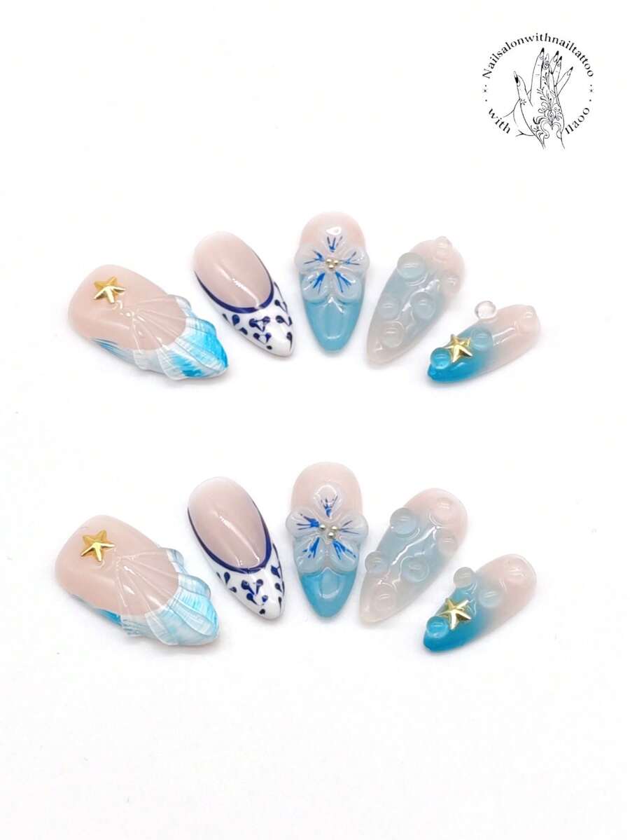 10片纯手工制作的按压式美甲贴，美甲用品，美甲贴纸，沙滩必备，25毫米长，粉色、白色等多种颜色，手绘红色花苞枝条，手绘红色花朵，红白圆点，黑色斑点装饰。春夏风格，可爱美甲贴纸。