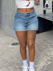 Women Plus Size Simple Loose Straight Denim Bermuda Shorts - Light Wash - View 2