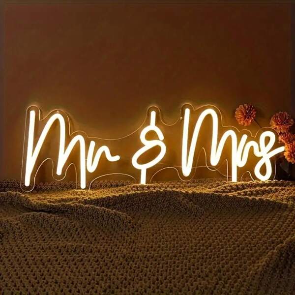 [LED Neonschild] 1 Stück Herr & Frau LED Neonschild - Einstellbare Helligkeit, wärmegrauer Schimmer, modernes kursives Schriftdesign, USB-betrieben Wanddekoration für Hochzeiten, Jahrestage, Valentinstag, Schlafzimmer & Party Dekoration, 40x15,5cm