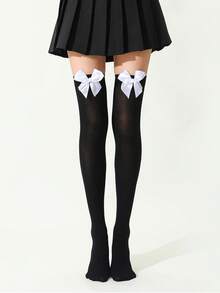 1 Pair Women Velvet Bow Accent Thigh High Stockings, Sexy Tempting Japanese Cute Style, Polyester Material, Summer