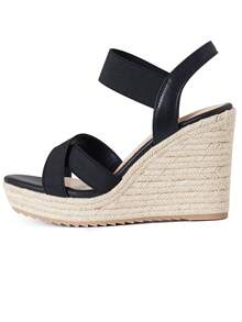 Comfort Women's Espadrilles Sandals Open Toe Platform Heel Elastic Ankle Strap Summer Sandals Vacation Beach Slip On Sandals For Women - 黑色 - 查看 2