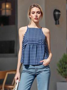 Women's Tie Strap Tank Tops Solid Plaid Pattern Side Ties Sleeveless Spaghetti Straps Camisole for Summer - Azul - Ver 2