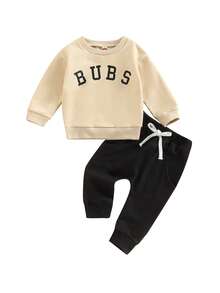 Toddler Baby Boy Fall Winter Clothes 0 6 12 18 24 Months 2T 3T Funny Letter Long Sleeve Sweatshirt And Pants Set 2 Piece Sweatsuit Outfit - 杏色 - 查看 8