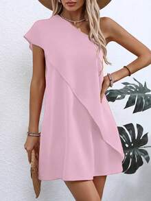 女士不对称露肩轻盈涤纶连衣裙，休闲修身