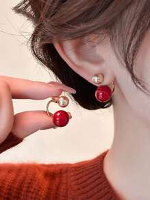 topshiny 1 Pair Elegant Champagne & Red Dual-Wear Pearl Rhinestone Earrings For Women, Suitable For Daily Outfit And Party Accessories