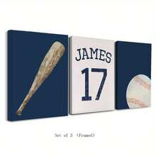 3pcs/Set Personalized Name Wall Art Poster - 3-Piece Name Canvas Wall Art - Customized Baseball Wall Art Football Wall Art Basketball Wall Art Prints Boy Room Decor Personalized Name Sign Playroom Print Boys Kids Nursery Wall Decor - Unique Gift Idea For Children Room, Nursery, Dining Room - Unframed Indoor Art Prints Optional Frame