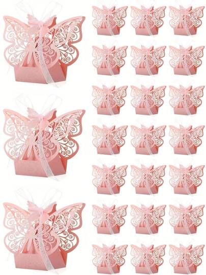 30/10 piezas Cajas de papel con diseño de mariposa hueca para boda, cajas de papel con mariposas rosas y cintas, cajas de embalaje de chocolate de boda, cajas de embalaje pequeñas para aperitivos, decoraciones centrales de mesa para recepciones de boda, cajas pequeñas para regalos y favores de fiestas, adecuadas para ceremonias de boda, despedidas de soltera, aniversarios y fiestas de cumpleaños