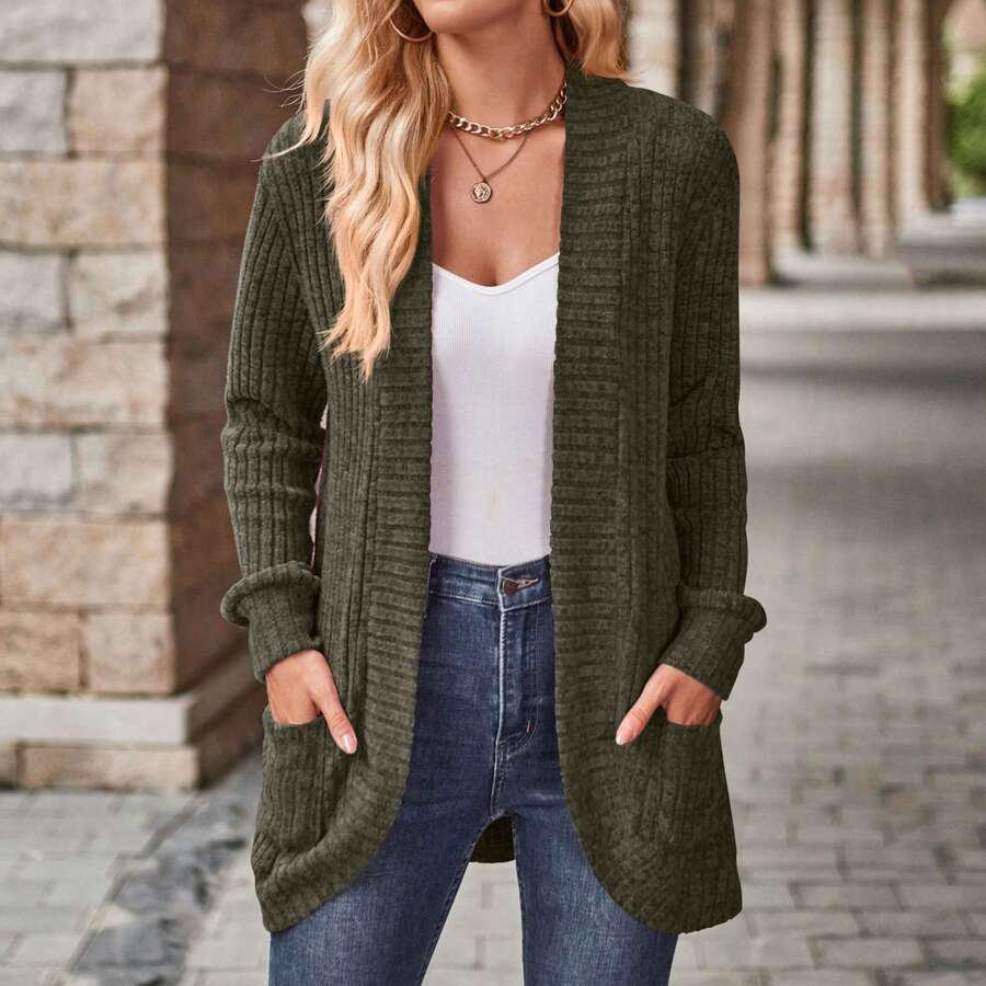 Ladies Cardigan Sweater Open Front Cardigans Long Sleeve Knitted Sweaters Women Loose Solid Color - màu xanh lá - Xem 1