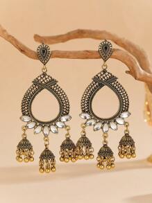 Elegant Boho Jewelry Hollow Droplet Earrings, Teardrop Rhinestone Inlay With Charm Tassel Pendant Suitable For Women's Festival, Party, Daily Wear