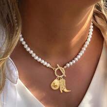 1 pieza Nuevo Collar Colgante de Estilo Vaquero Clásico Occidental con Sombrero y Bota, Cadena de Acero Inoxidable con Broche de Barra en T Dorado, para Mujer - collar - Ver 2